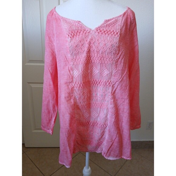 Style & Co. Womens Coral Roll Tab Sleeve Lace Detailing Tunic Blouse Top Large - Picture 1 of 16